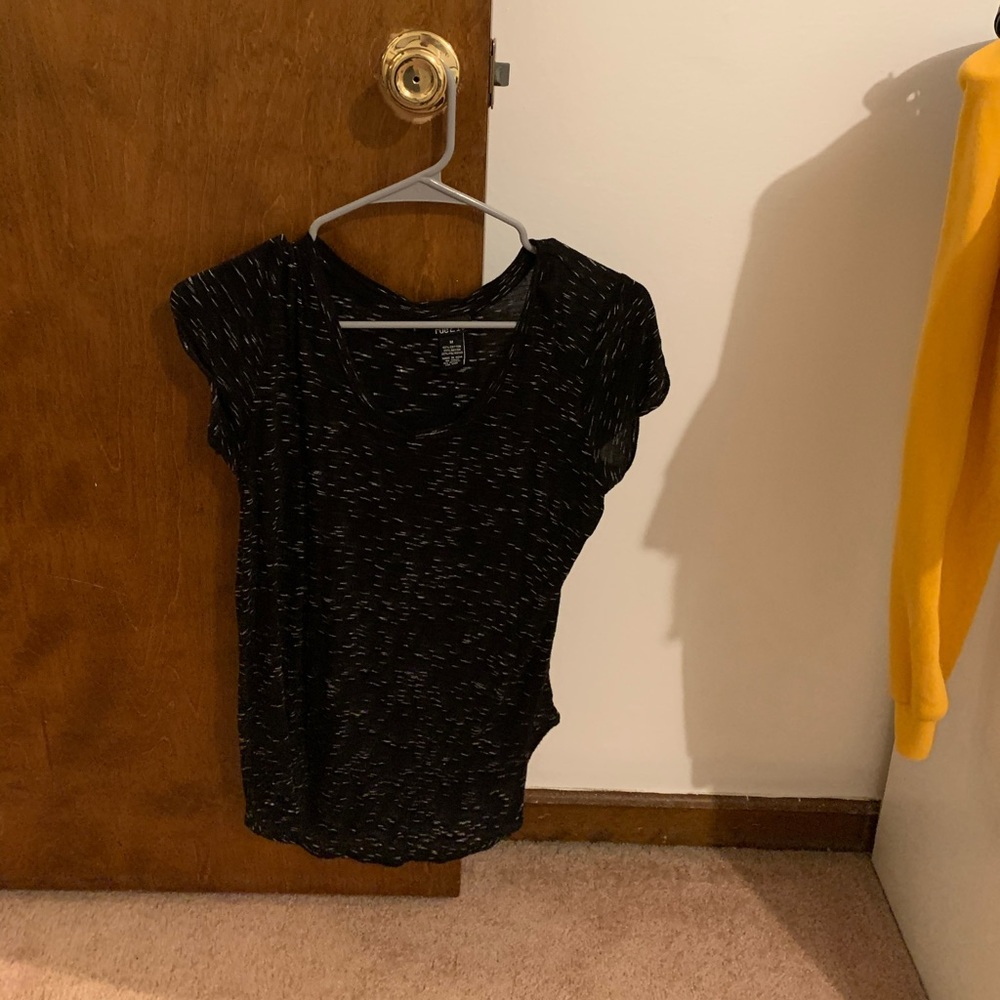 black shirt with small white stripes